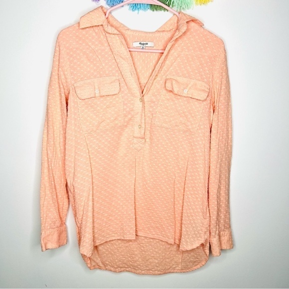 Madewell Peachy Coral Swiss Dot Popover 1/2 Button Up Blouse Size Extra Small - Picture 2 of 13